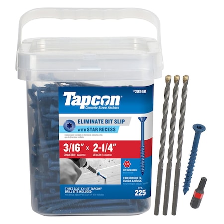 Tapcon Concrete Screw, 3/16" Dia., Climaseal Coated, Flat Head 225 PK 28560